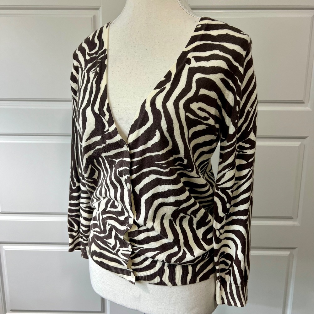 Ann Taylor LOFT Brown Cream Zebra Print Long Sleeve Buttoned Cardigan Cotton XS